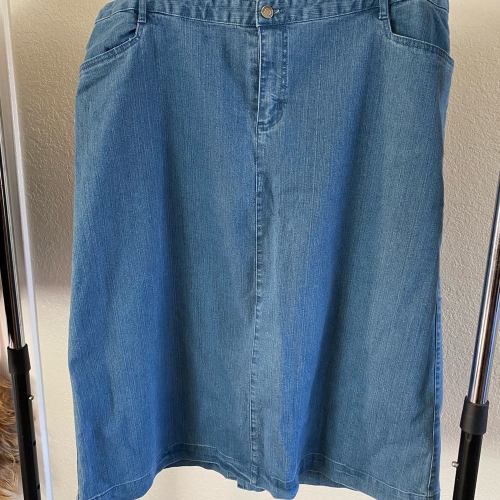 CJ Banks, Mid-Calf Length Jean Skirt - Women’s Plus Size (20)- Metal Snap Split.